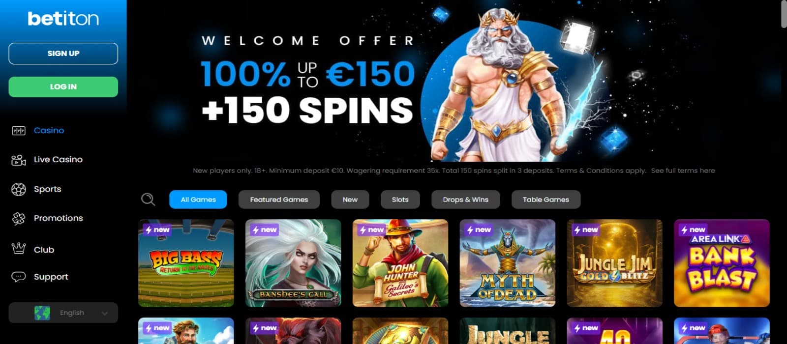 Betiton Casino landing page with the slot game icons, welcome bonus banner with the Zeus God of Thunder slot game banner and right side navigational panel