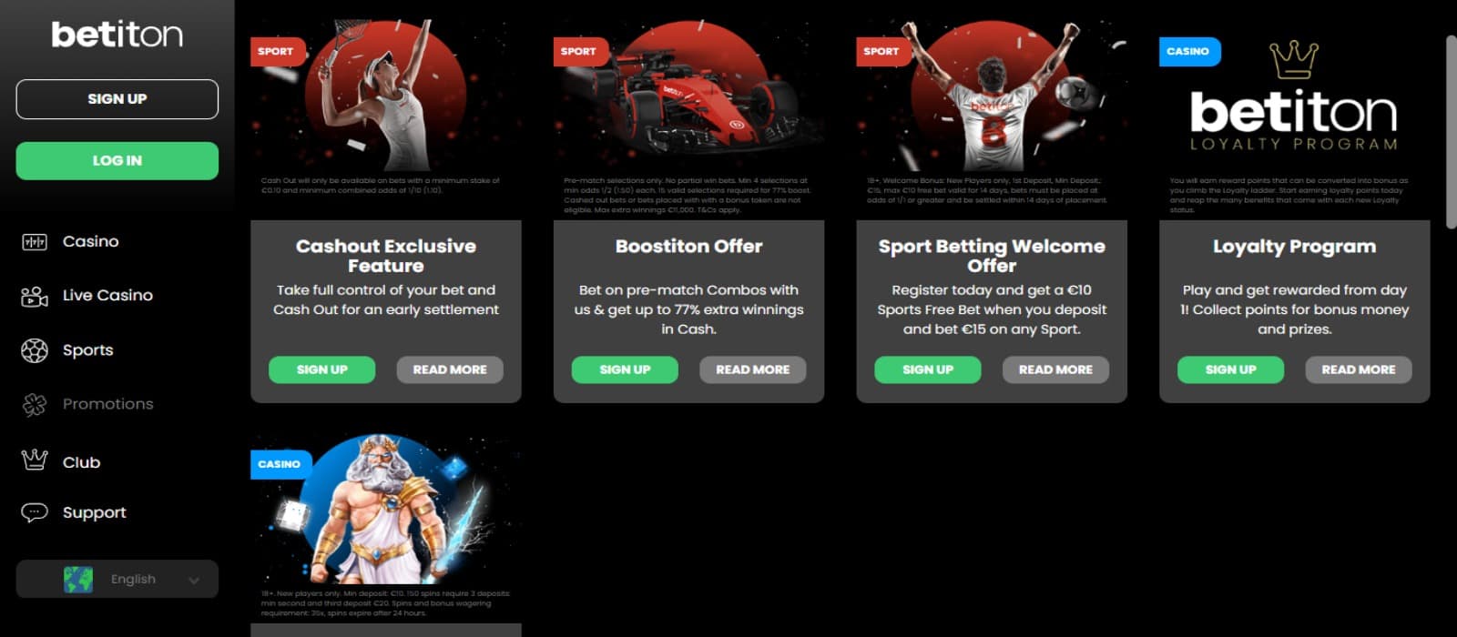 Betiton Casino promotions page with the various bonus and promotions banner and right side navigational panel with a black background