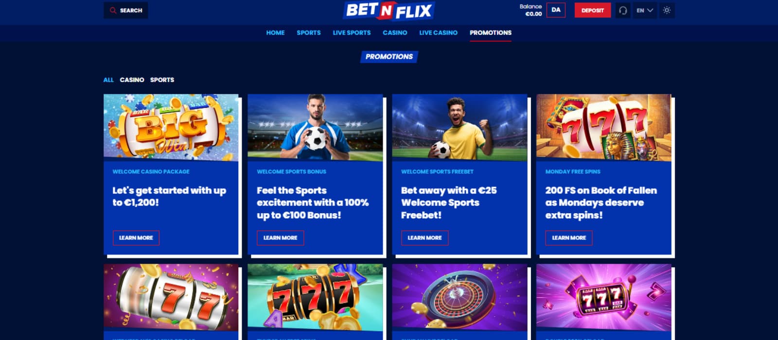 Betnflix Casino promotion page shows both casino and sports bet welcome offers.