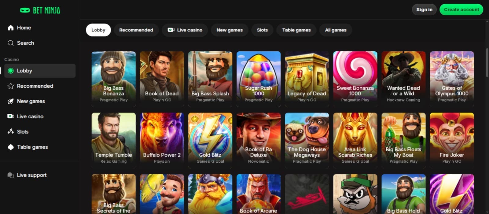Betninja Casino games page with the various slot game icons, game names and the various game categories along with the side navigation panel