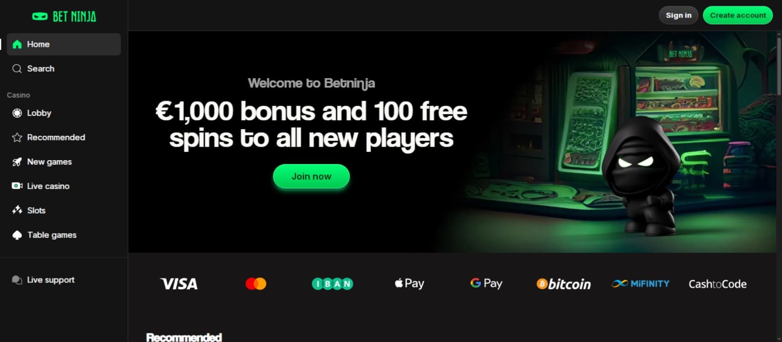 Betninja casino landing page with the welcome bonus, animated ninja theme, and side navigational panel