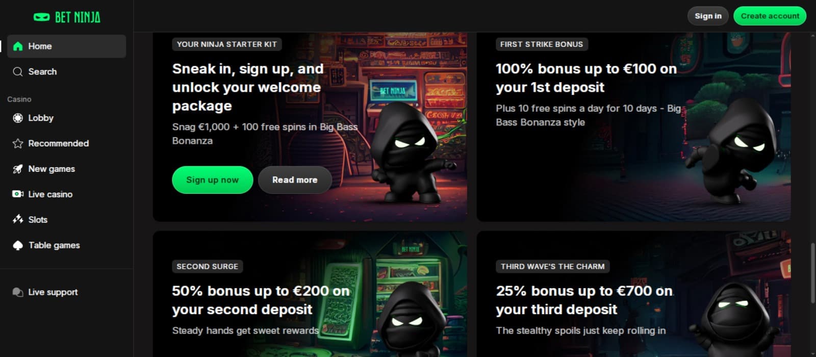 Betninja Casino promotions page with the various bonus offers, their descriptions, and side navigation panel with the casino logo at the top