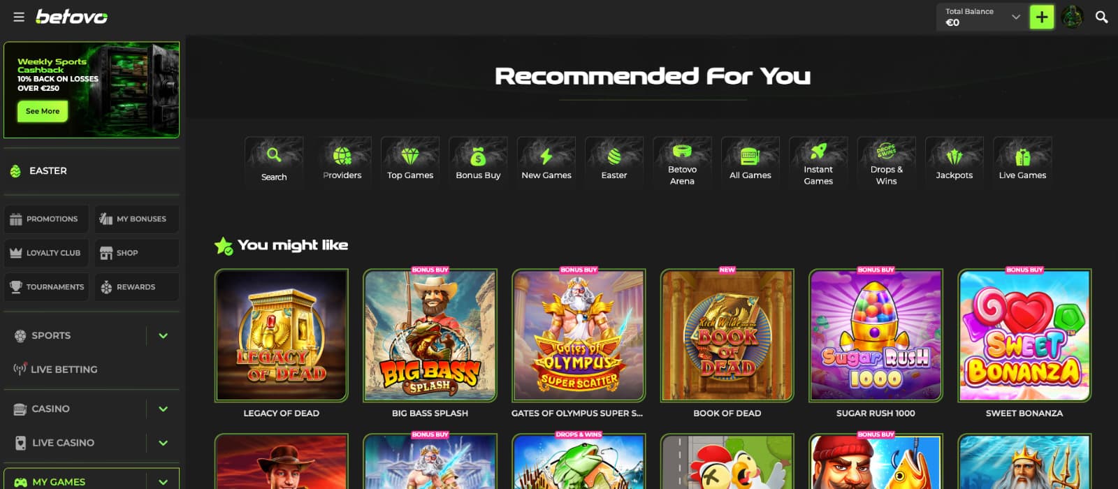 Betovo casino games page showing slot titles jackpots and category filters with provider search tools