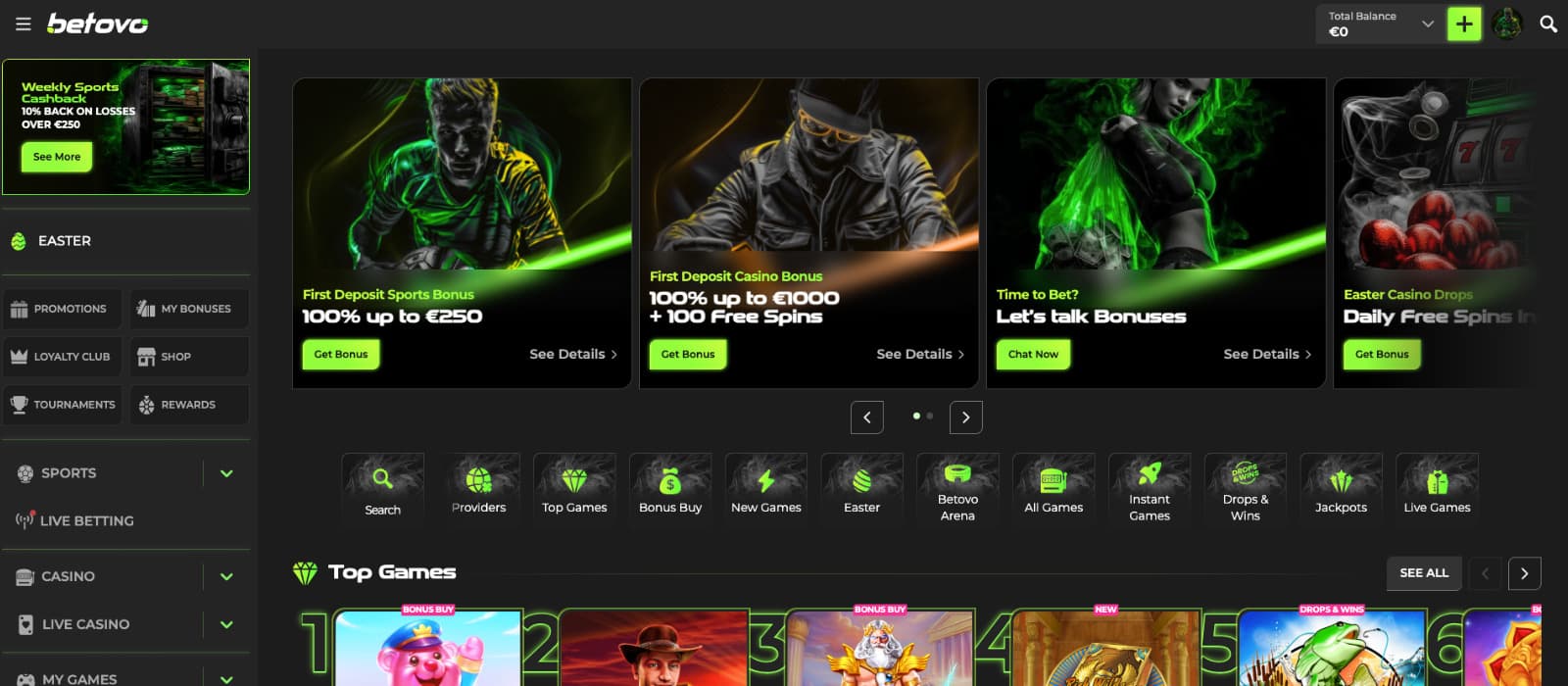 Betovo casino homepage showing sportsbook and casino bonuses with neon green interface and multi-category navigation