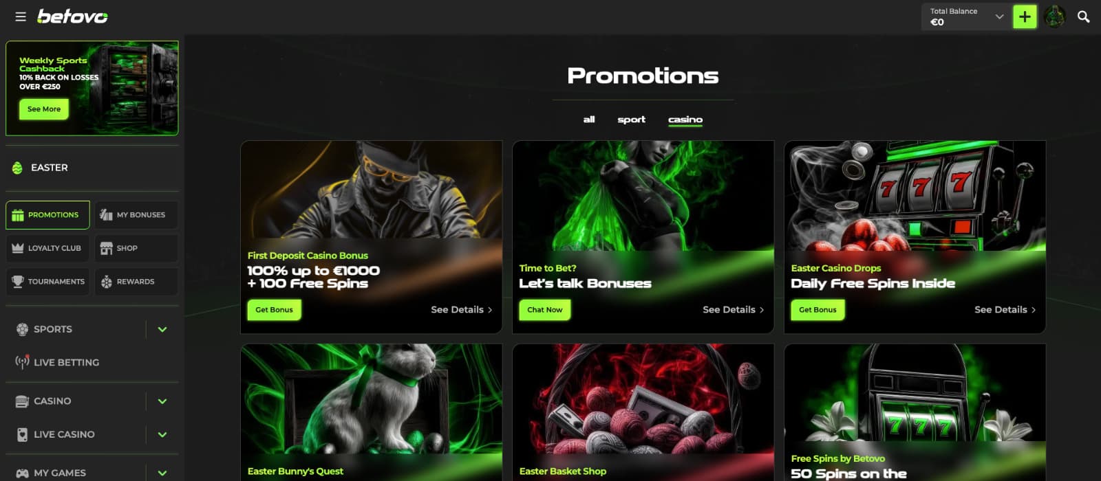 Betovo casino promotions page displaying multiple bonus offers including free spins cashback and deposit bonuses