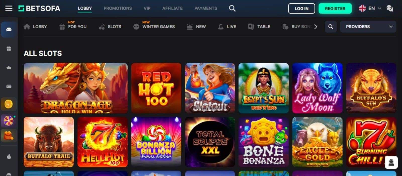 Betsofa Casino’s slot games section, showing impressive titles like Buffalo Trail and other games.