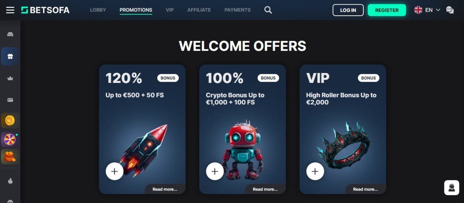Betsofa Casino's promotions page, showing the 3 welcome bonus packages.