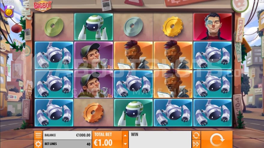 The base game with various robots and engineers inside a garage