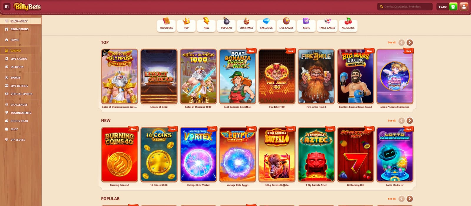 BillyBets Casino landing page displaying the welcome bonus banner, farm-themed mascot, and top navigation categories such as Providers, Top, New, Popular, Exclusive, Live Casino, Roulette, Game Shows, Blackjack, and Hot Jackpots.