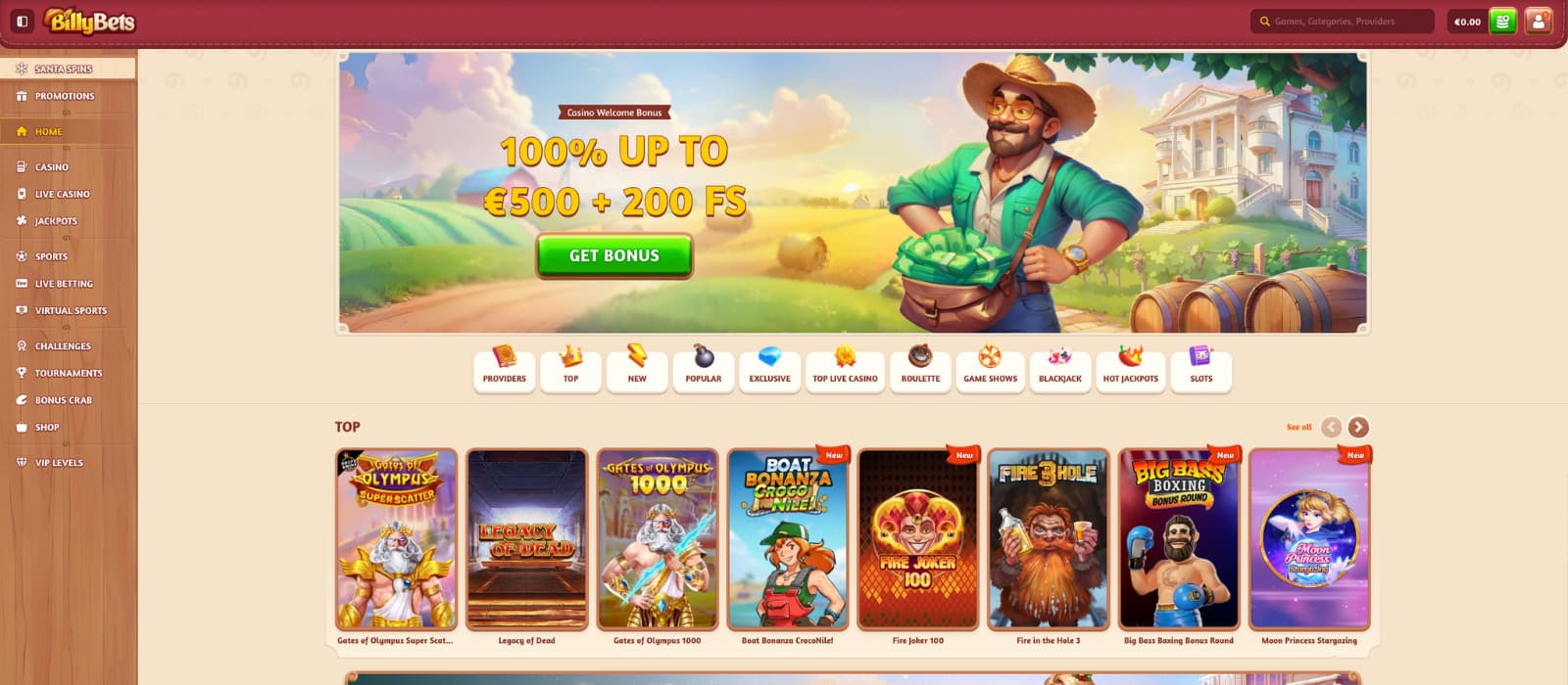 BillyBets Casino landing page displaying the welcome bonus banner, farm-themed mascot, and top navigation categories such as Providers, Top, New, Popular, Exclusive, Live Casino, Roulette, Game Shows, Blackjack, and Hot Jackpots.