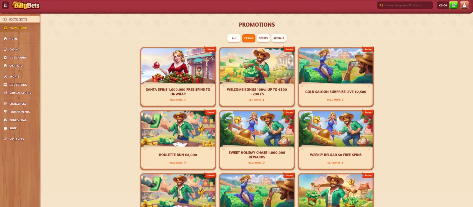 BillyBets Casino landing page displaying the welcome bonus banner, farm-themed mascot, and top navigation categories such as Providers, Top, New, Popular, Exclusive, Live Casino, Roulette, Game Shows, Blackjack, and Hot Jackpots.
