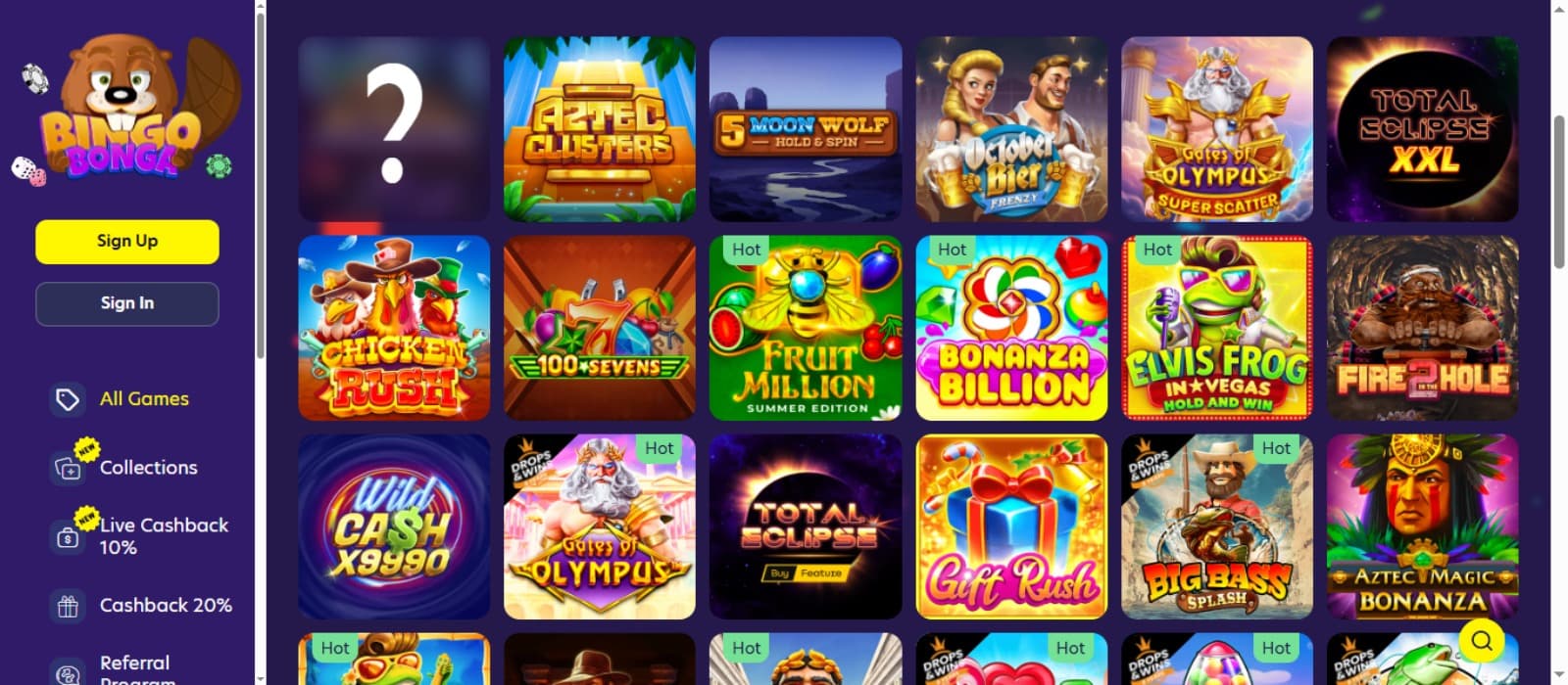 BingoBonga Casino Games page with the colorful slot game icons and side navigational menus