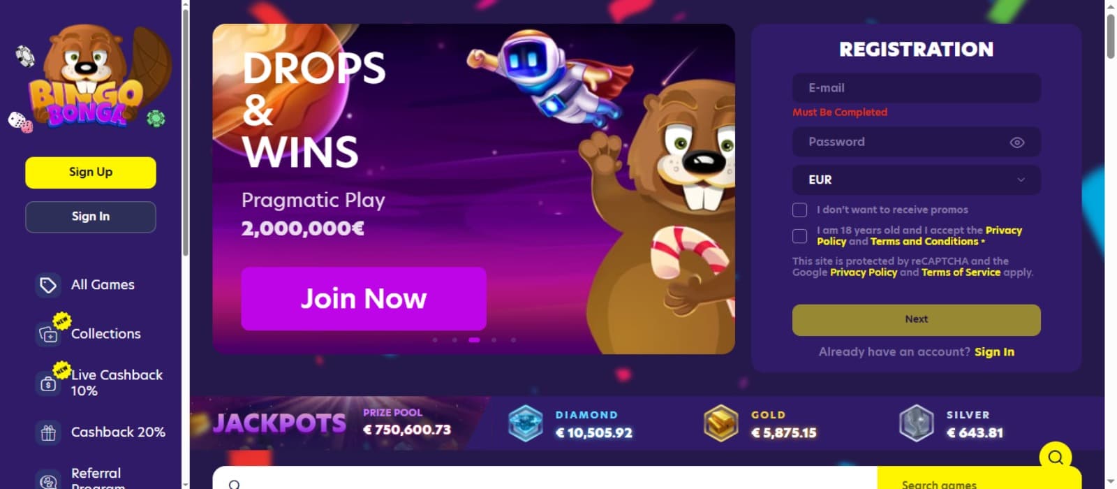 BingoBonga Casino landing page with the Drops & Wins Promotional Banner, registration option and side navigational menus