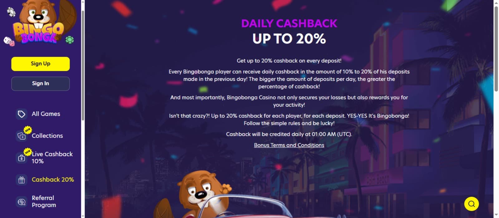 BingoBonga Casino Promotions page showing details of the Daily Cashback offer and side navigation menus