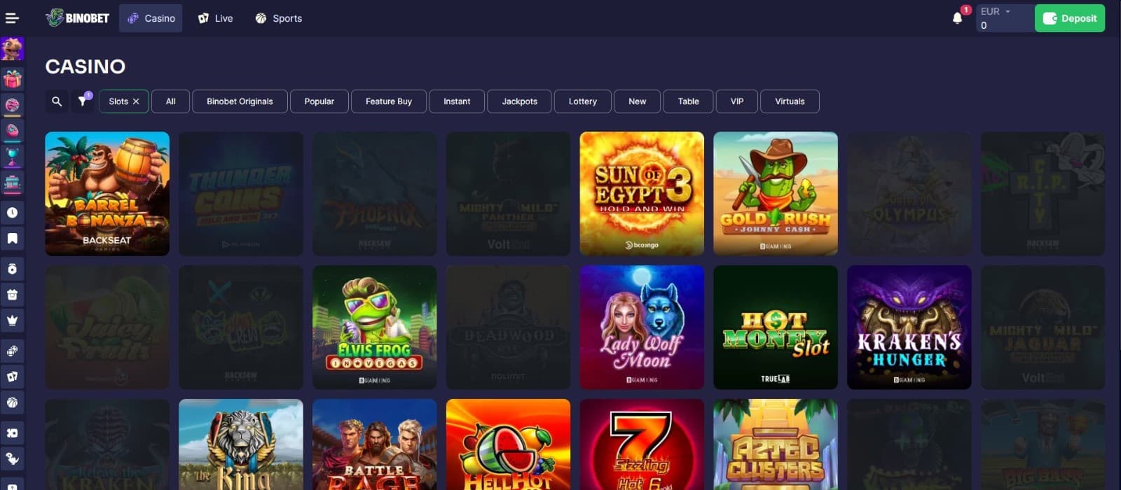 The games page of BinoBet Casino presents popular titles, such as Sun of Egypt 3,Elvis Frog, and more.