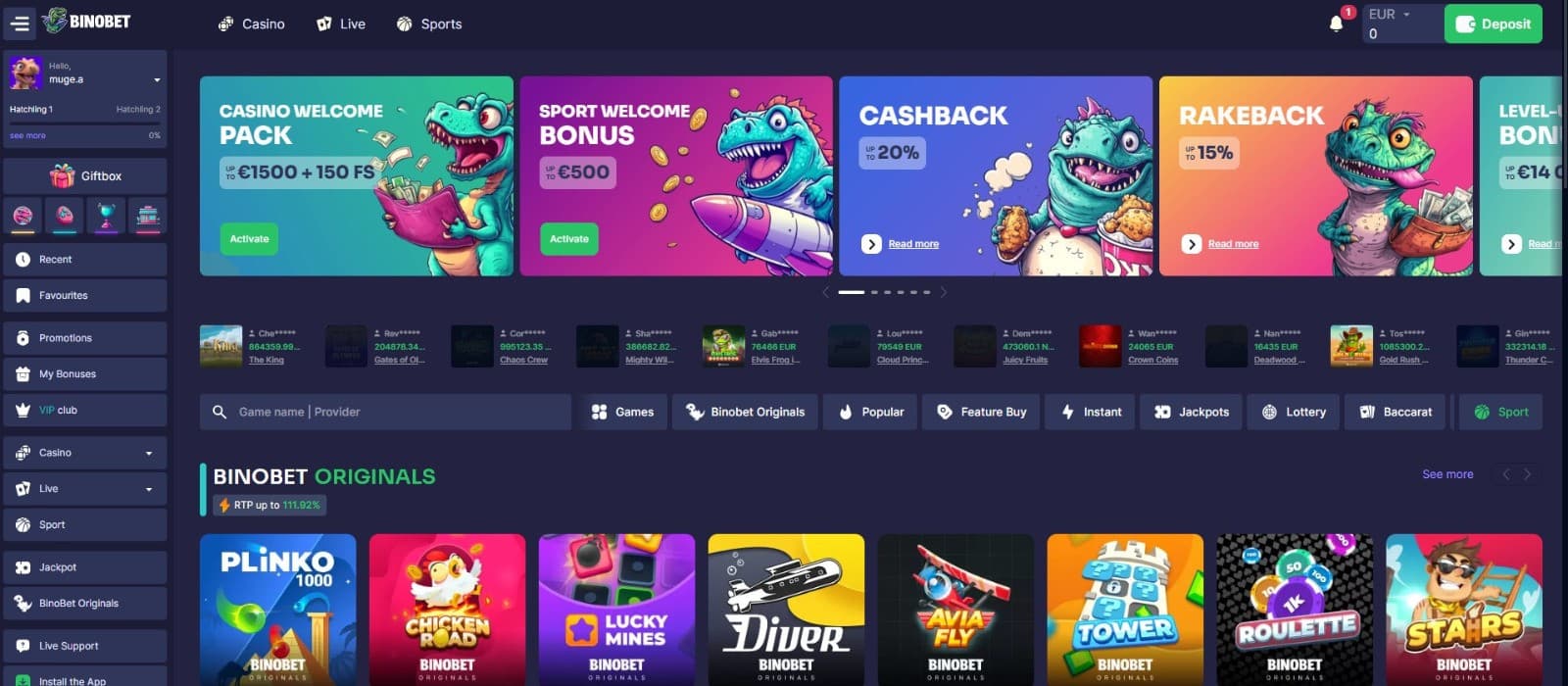 The landing page of BinoBet Casino showcases the casino bonuses offered by the casio.