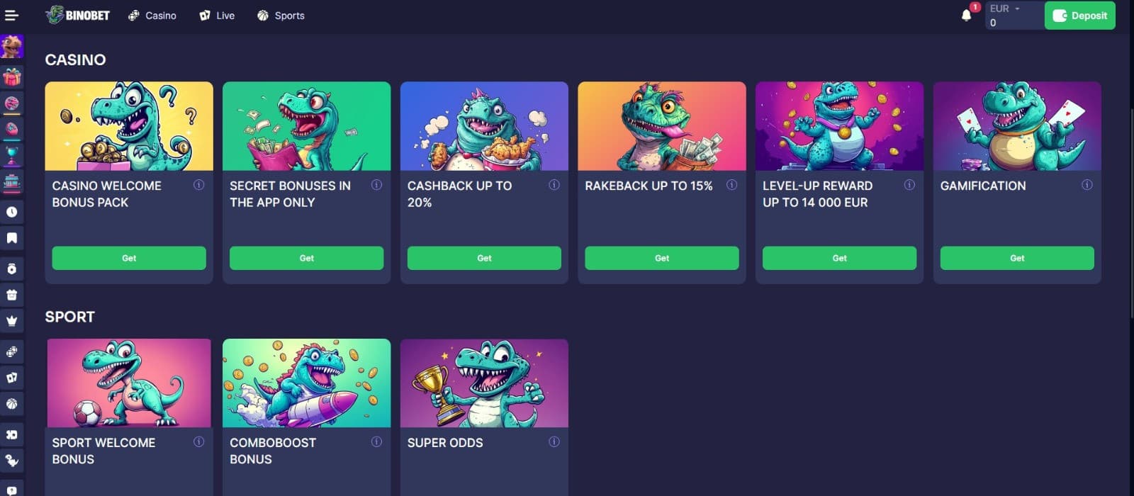  The promotions page of BinoBet Casino displays a wide range of promotions, such as casino welcome bonus, cashback bonus, and more.