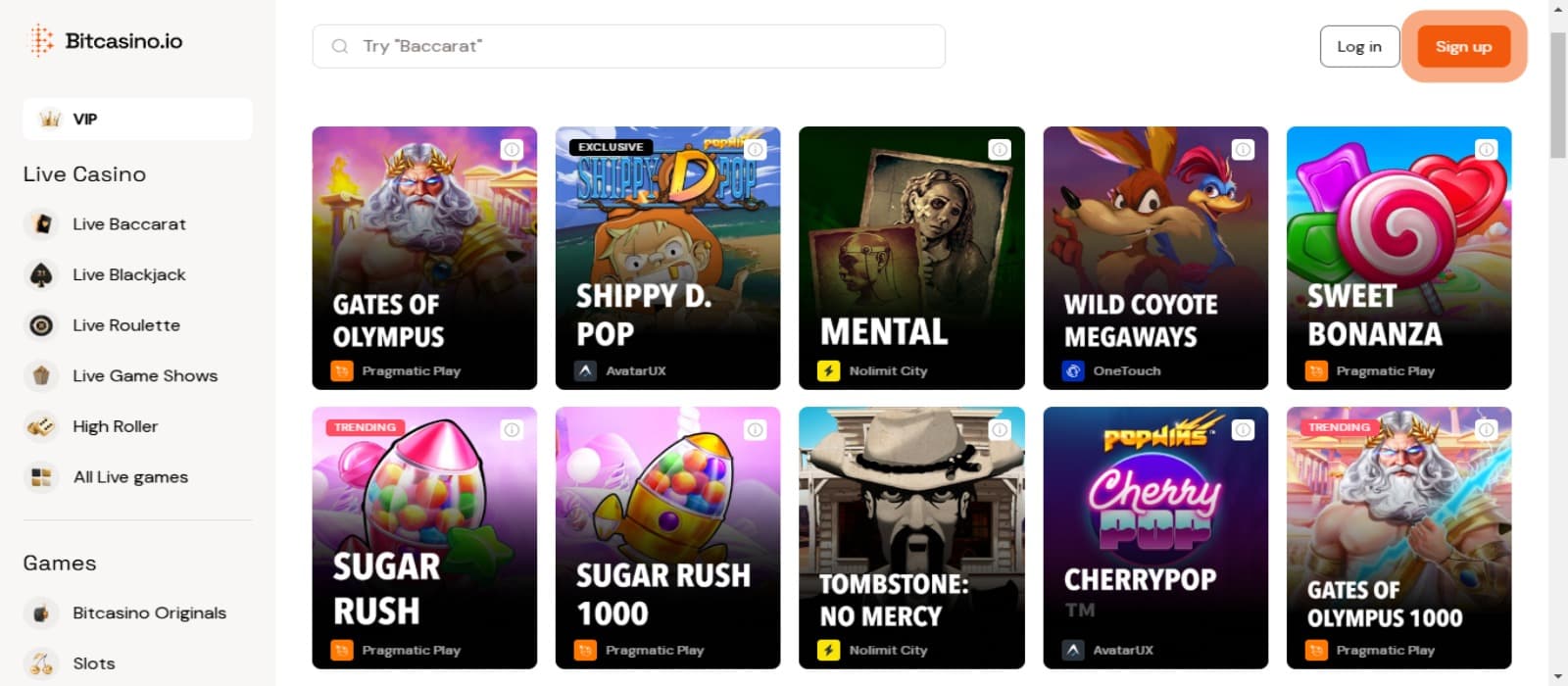 BitCasino Casino games page with the colorful slot game icons and side navigational menus of the casino