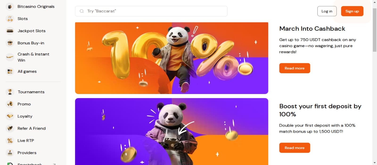BitCasino Casino promotions page with the animated panda mascot and offer banners with side navigational panel