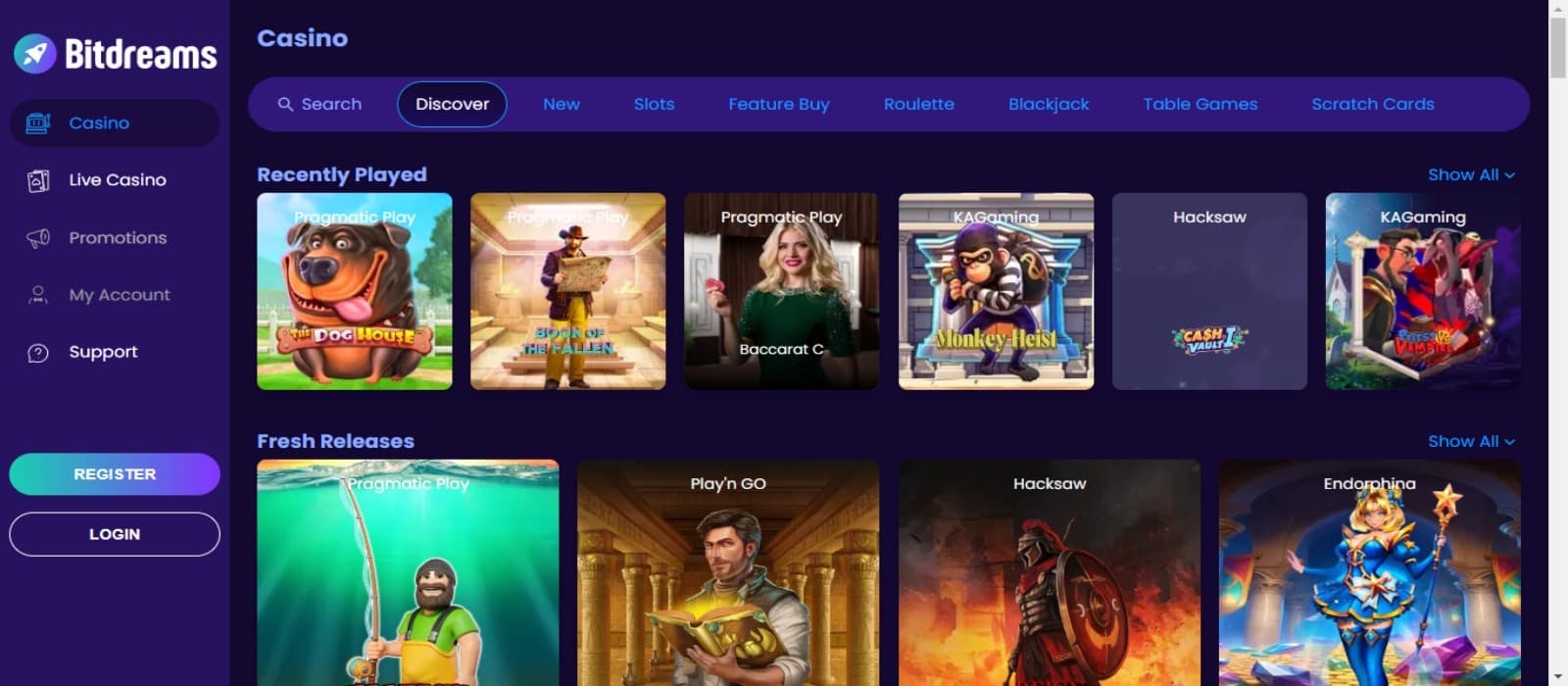BitDreams Casino landing page with the left navigation panel and various game images with game categories above