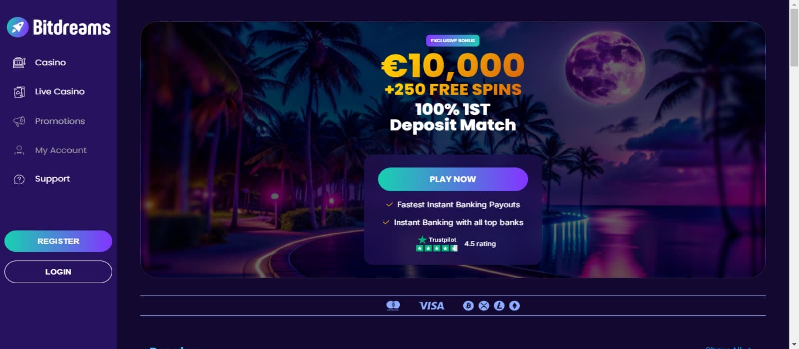 BitDreams Casino Promotions page with the welcome bonus offer banner and left navigational menus