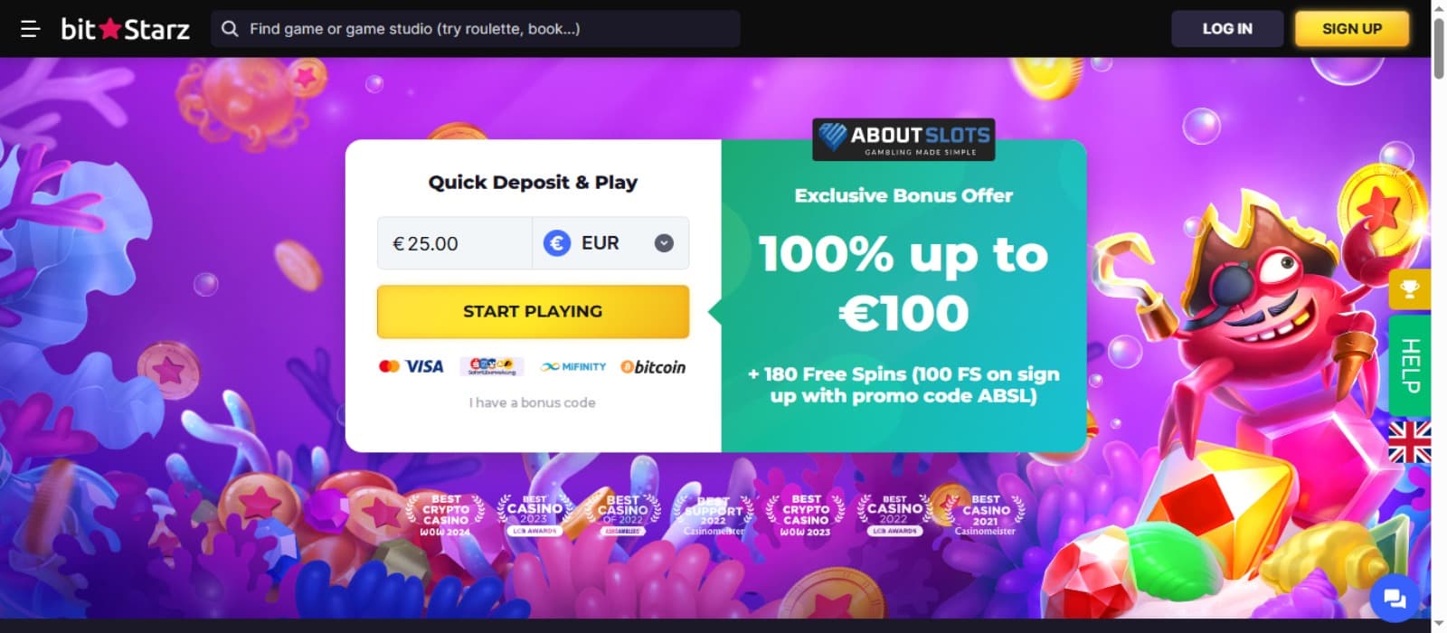 BitStarz Casino landing page with the welcome bonus offer banner, casino logo and login options at the top
