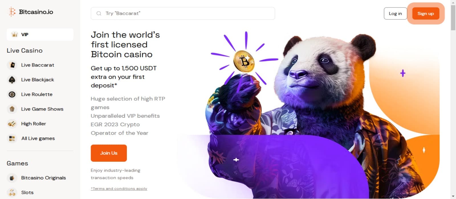 BitCasino Casino landing page with the animated panda mascot and side navigational panel