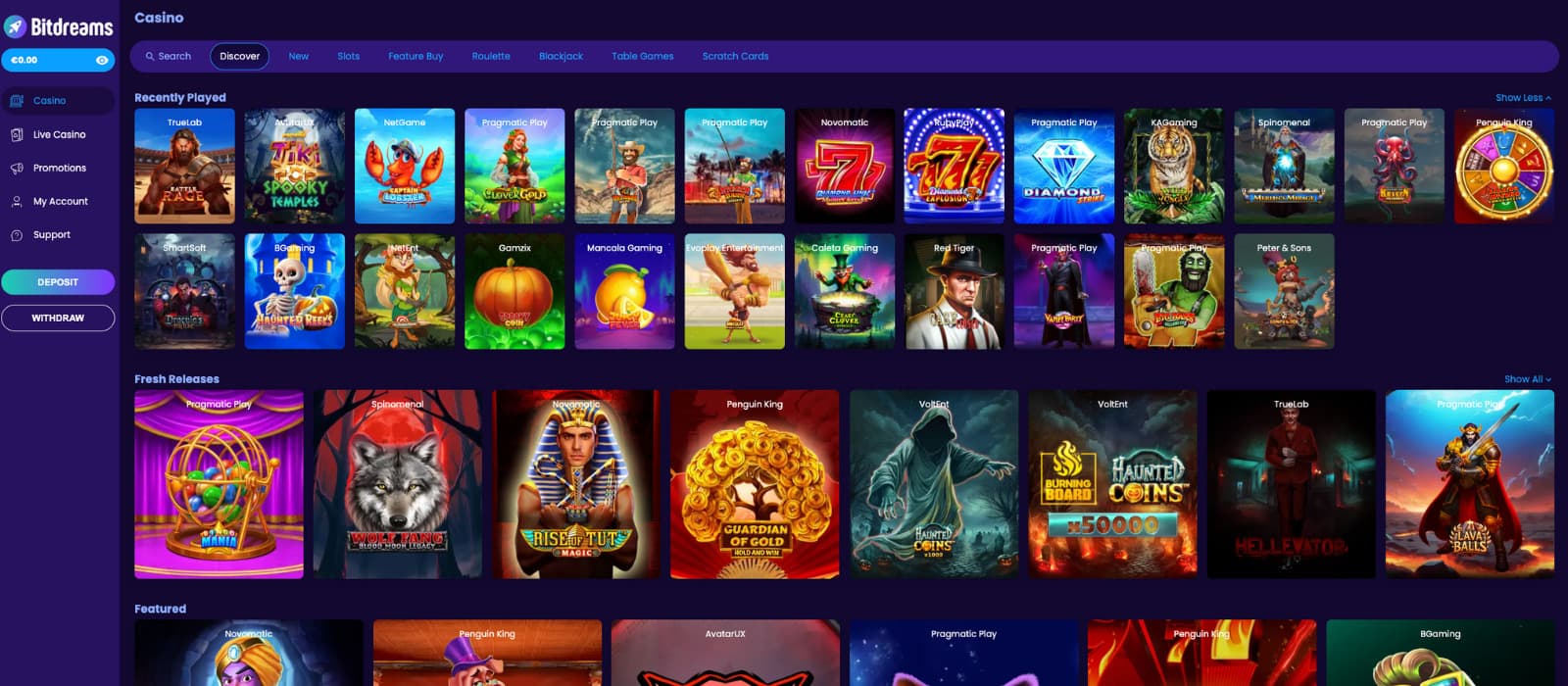 Bitdreams Casino games page showing slot categories like Recently Played, Fresh Releases, and Featured, with game tiles from providers like Pragmatic Play and NetGame.