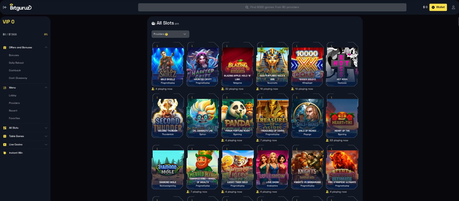 Bitguruz Casino games page showing the All Slots game library with featured slot games, provider filter, and the casino navigation menu.