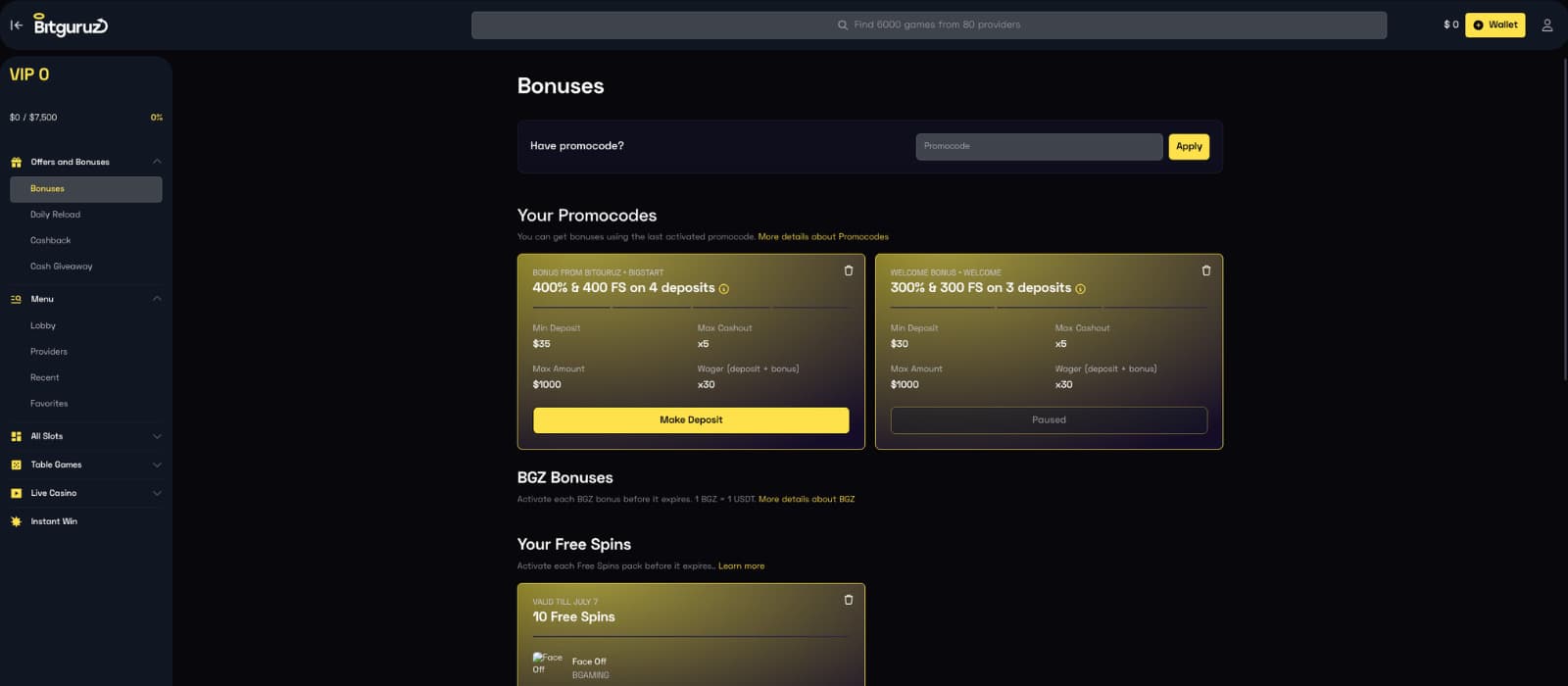 Bitguruz Casino promotions page displaying the welcome bonus offers, promo code section, free spins, and bonus rewards dashboard.