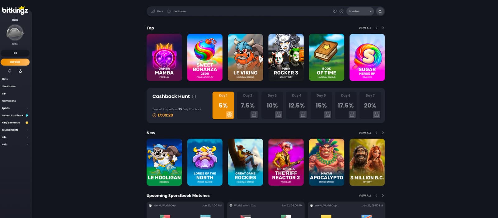 Bitkingz Casino games page displaying featured slot games, cashback hunt rewards, new releases, and upcoming sportsbook matches.