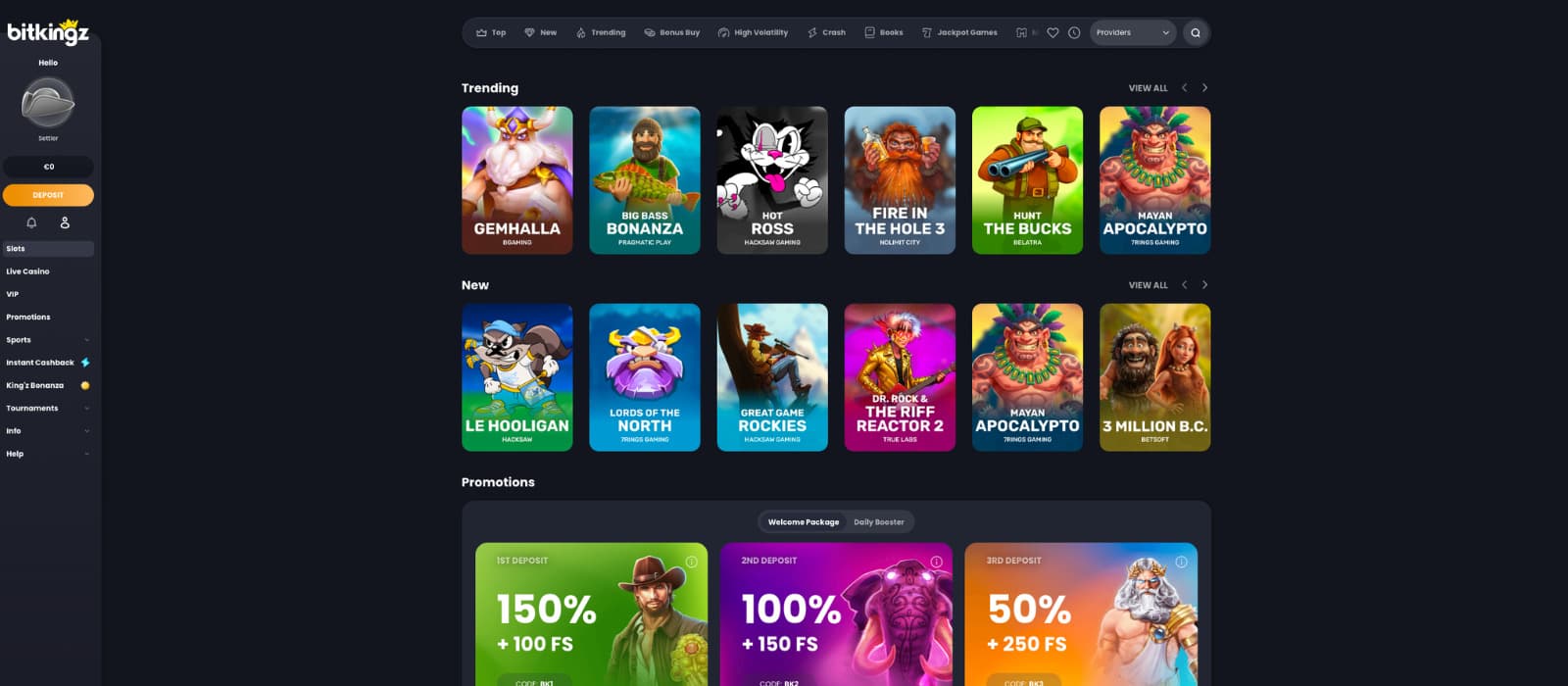 Bitkingz Casino landing page displaying trending and new slot games, navigation filters, and featured welcome bonus promotions.