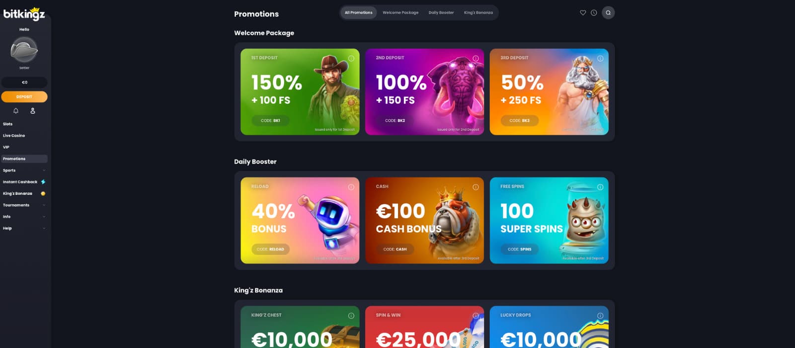 Bitkingz Casino promotions page displaying the welcome package, daily booster bonuses, free spins offers, and King’z Bonanza rewards.