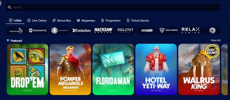 The casino games lobby at Bitubet.