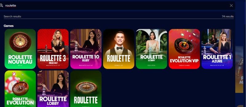 The search result for Roulette at Bitubet.