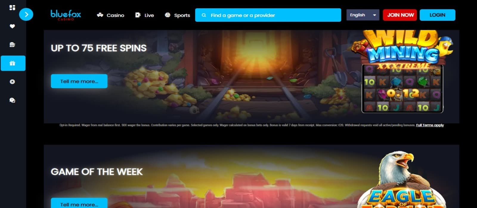 BlueFox Casino promotions page with the bonus and promotions banner with top navigation menus