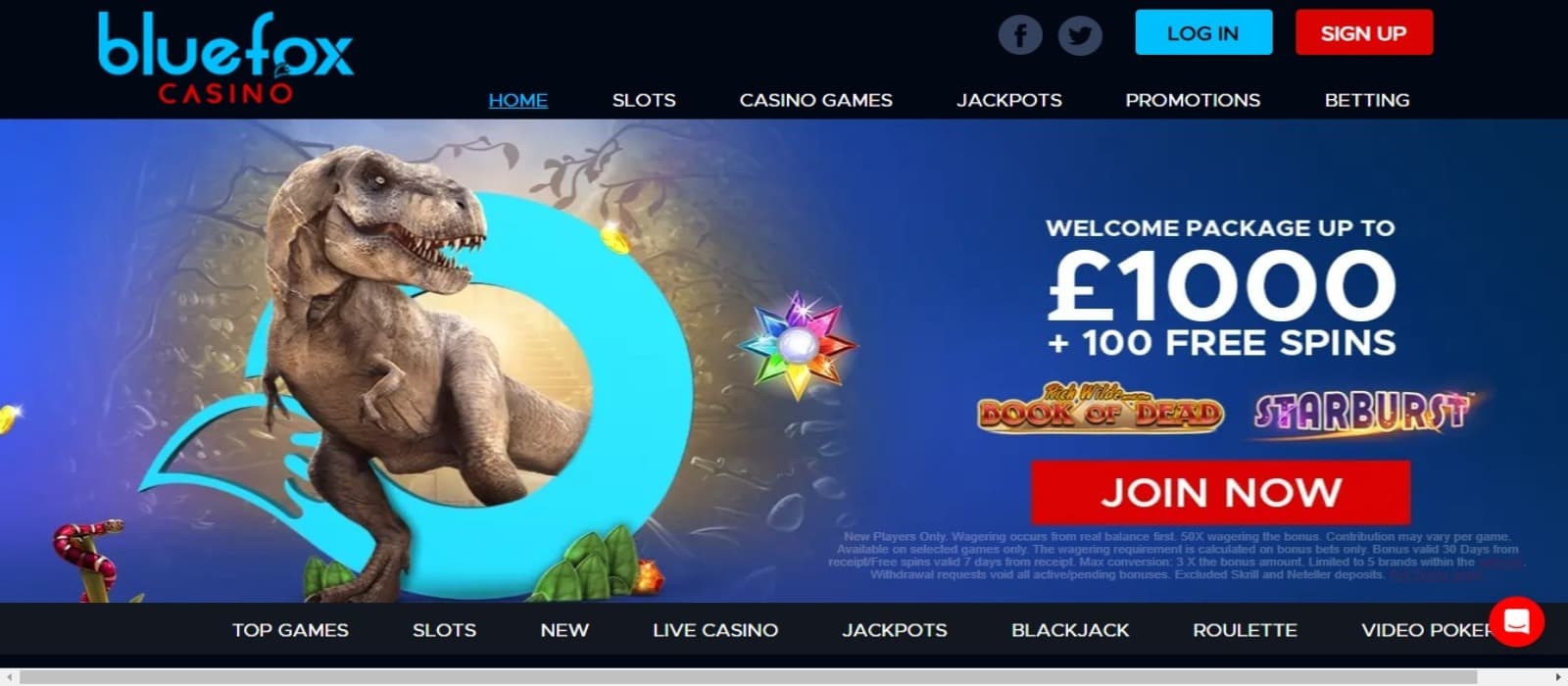 BlueFox Casino landing page with the welcome bonus offer banner and top navigation menus