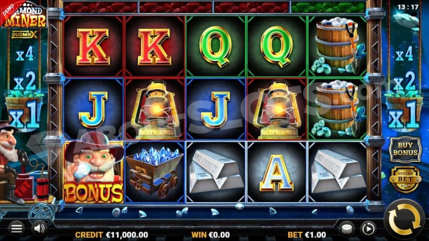 Base game where the miner can be seen to the left of the reels.