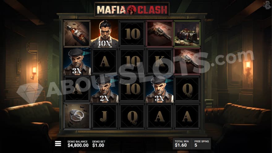 Hideout Free Spins feature with four multiplier symbols on the reels.