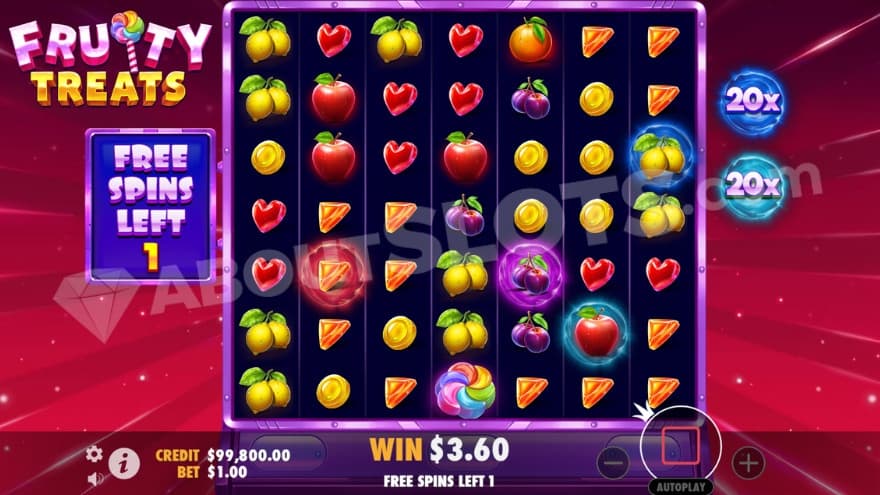 Free Spins bonus game with two multipliers showing 20X to the right.