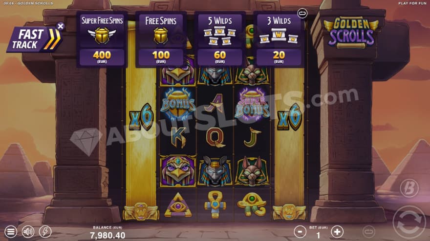 A menu offering two versions of Free Spins and the possibility to buy 3 or 5 Wild Symbols.