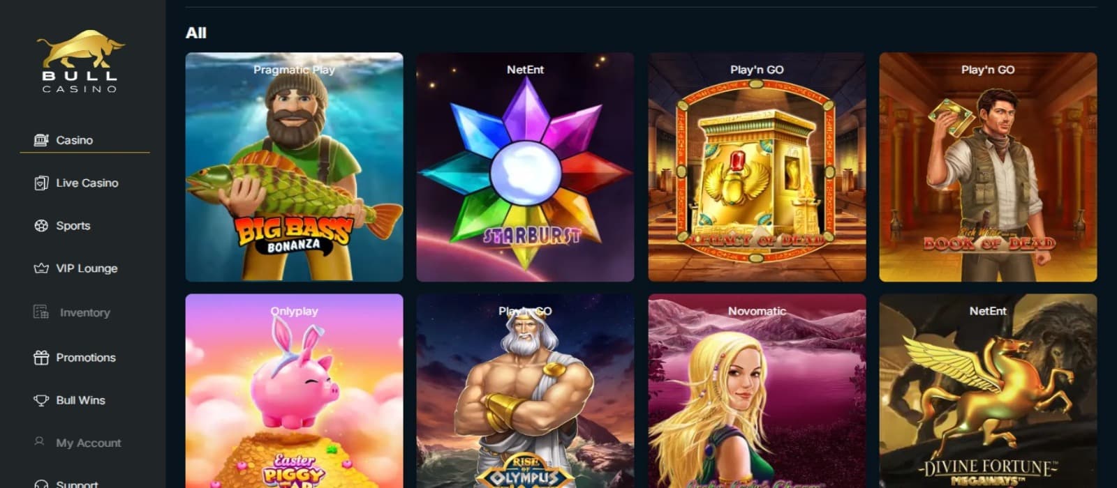 Bull Casino games page with the colorful slot game icons and side navigational panel for category selection