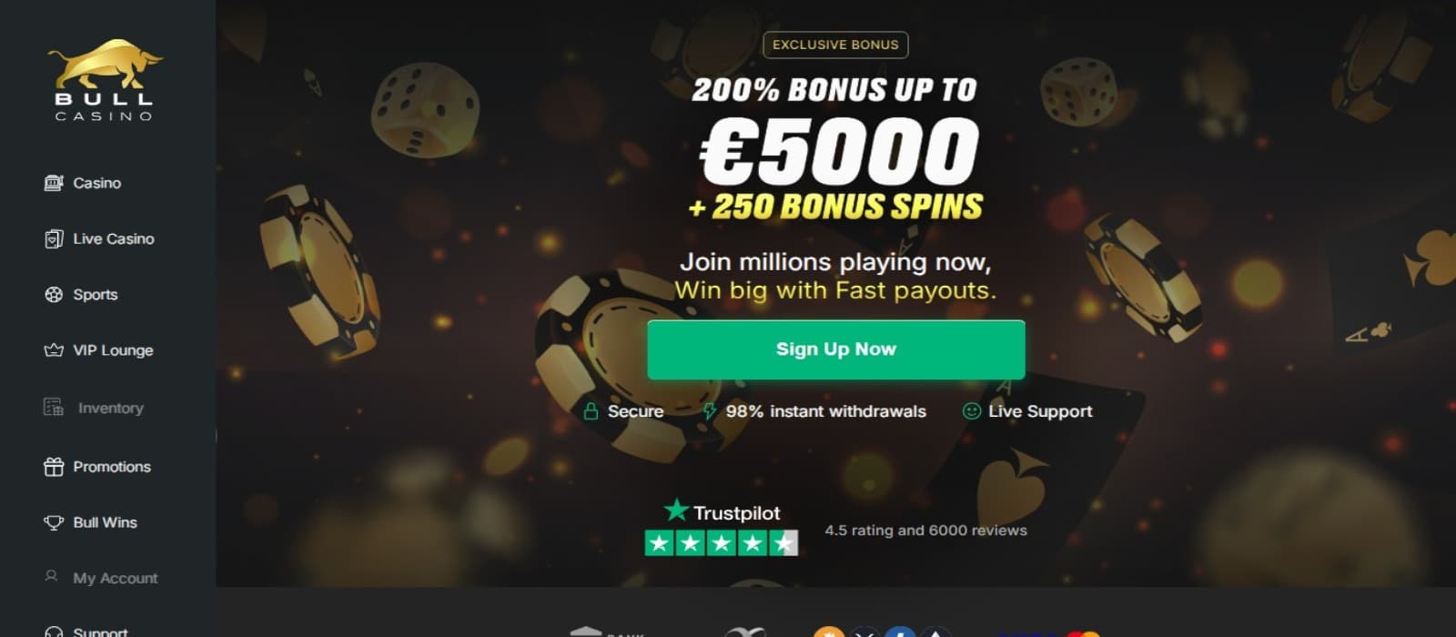 Bull Casino landing page with the welcome bonus offer banner displaying gambling chips and side navigational panel