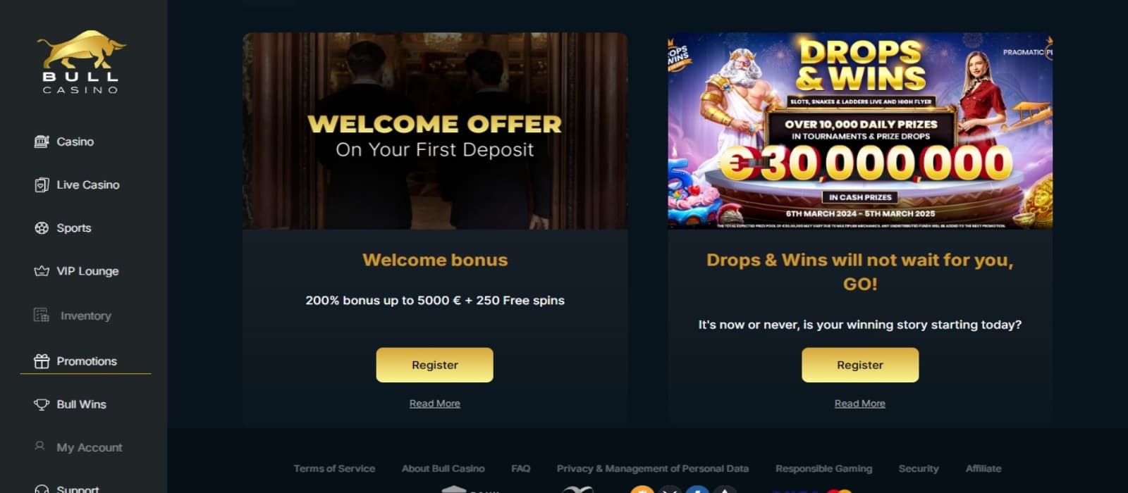 Bull Casino promotions page with the welcome bonus offer banner and Pragmatic Play Drops & Wins Offer banner with side navigational menus