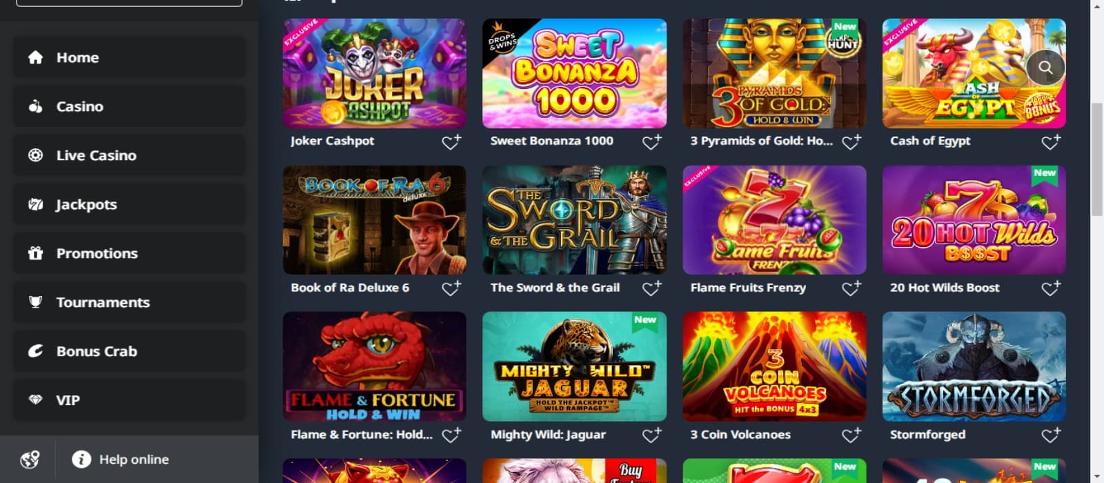 BuranCasino Casino games page with the slot game icons and side navigational panel