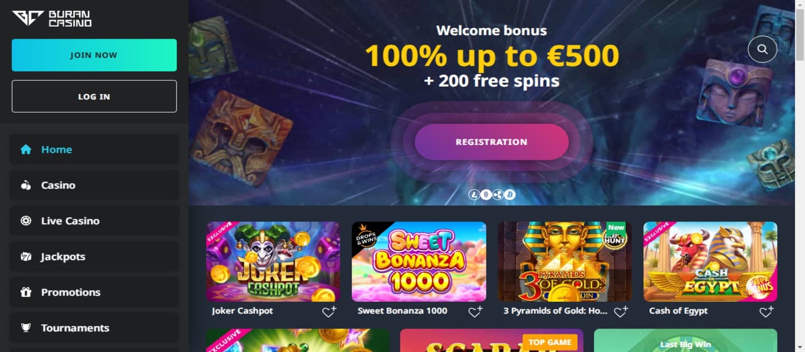 BuranCasino Casino landing page with the welcome bonus banner, side navigational panel and slot game icons