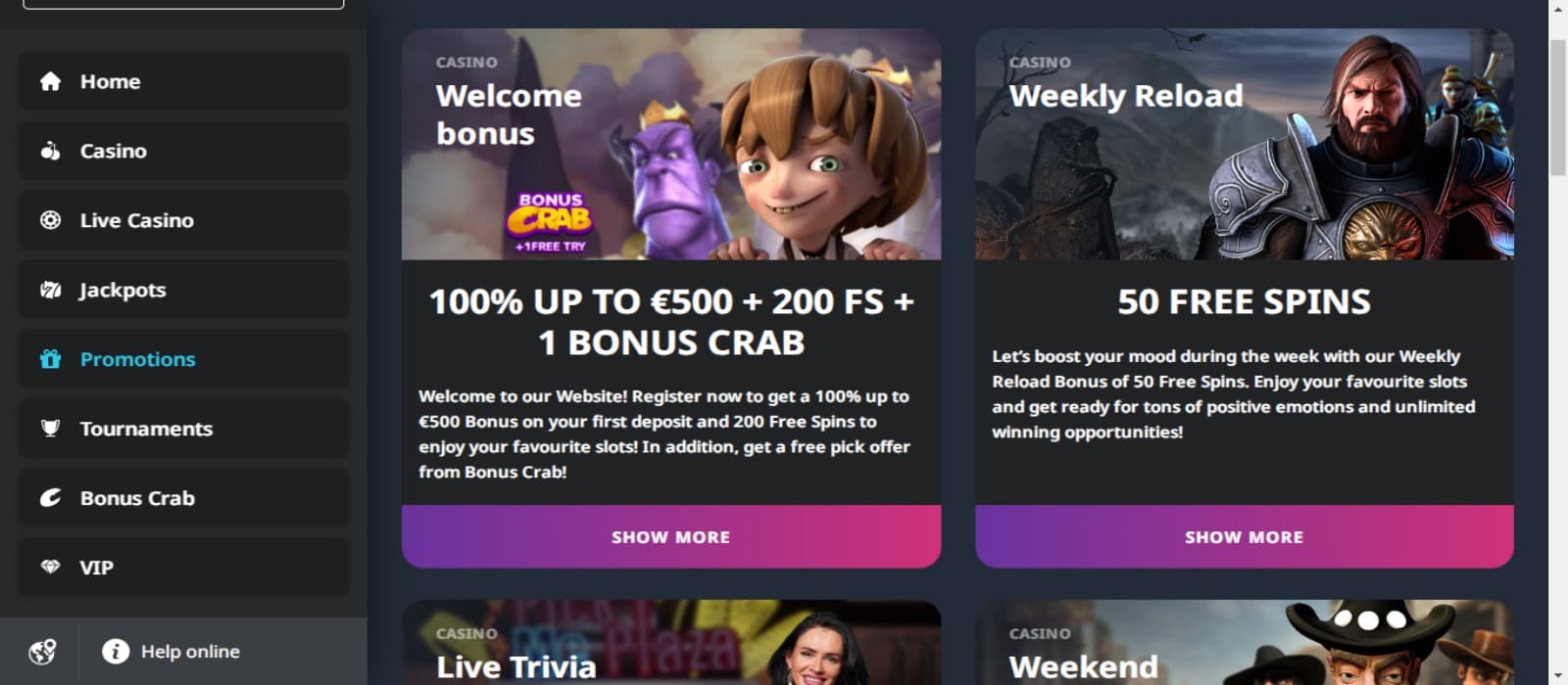 BuranCasino Casino promotions page with the welcome bonus and regular promotions banners and side navigational panel