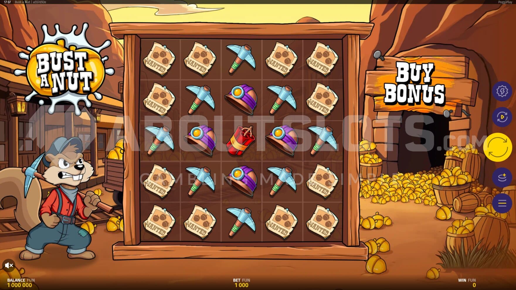 The unnamed Squirrel miner stands next to the playing grid, ready to hack away for prizes