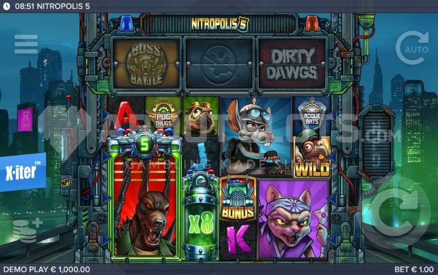 Base game with a wild symbol on the sixth reel.