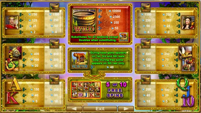 Legendary Rome Slot Paytable